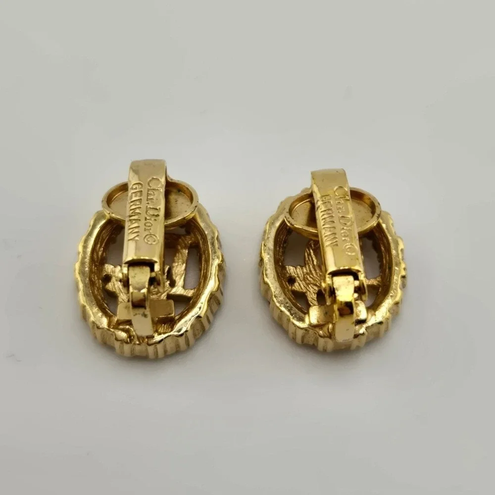 Vintage Christian Dior Gold Tone Crystal Logo Oval Clip On Earrings Germany